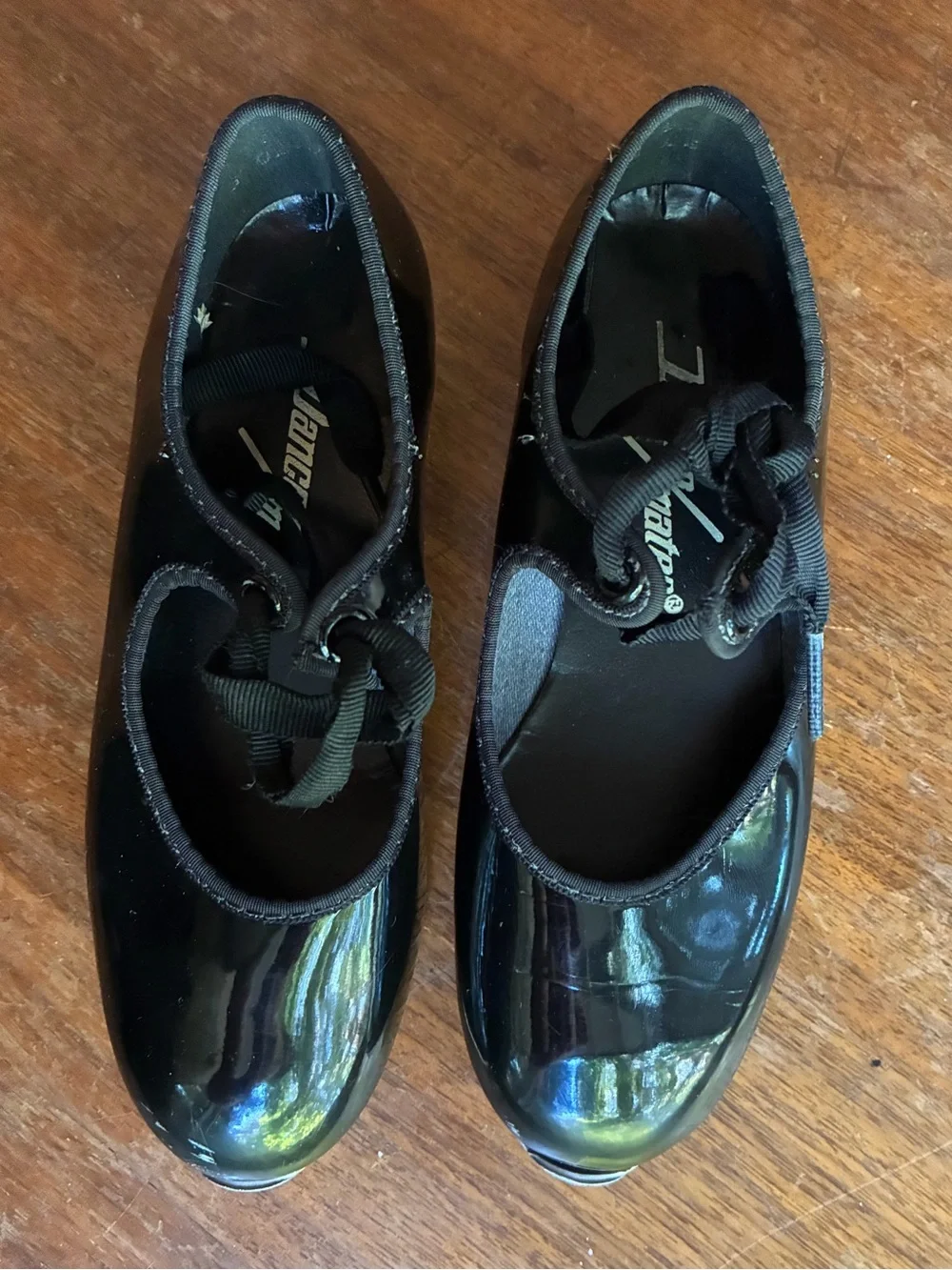 Vintage Dance Mate Kids Black Patent Leather Tap Shoes with Ribbon Laces